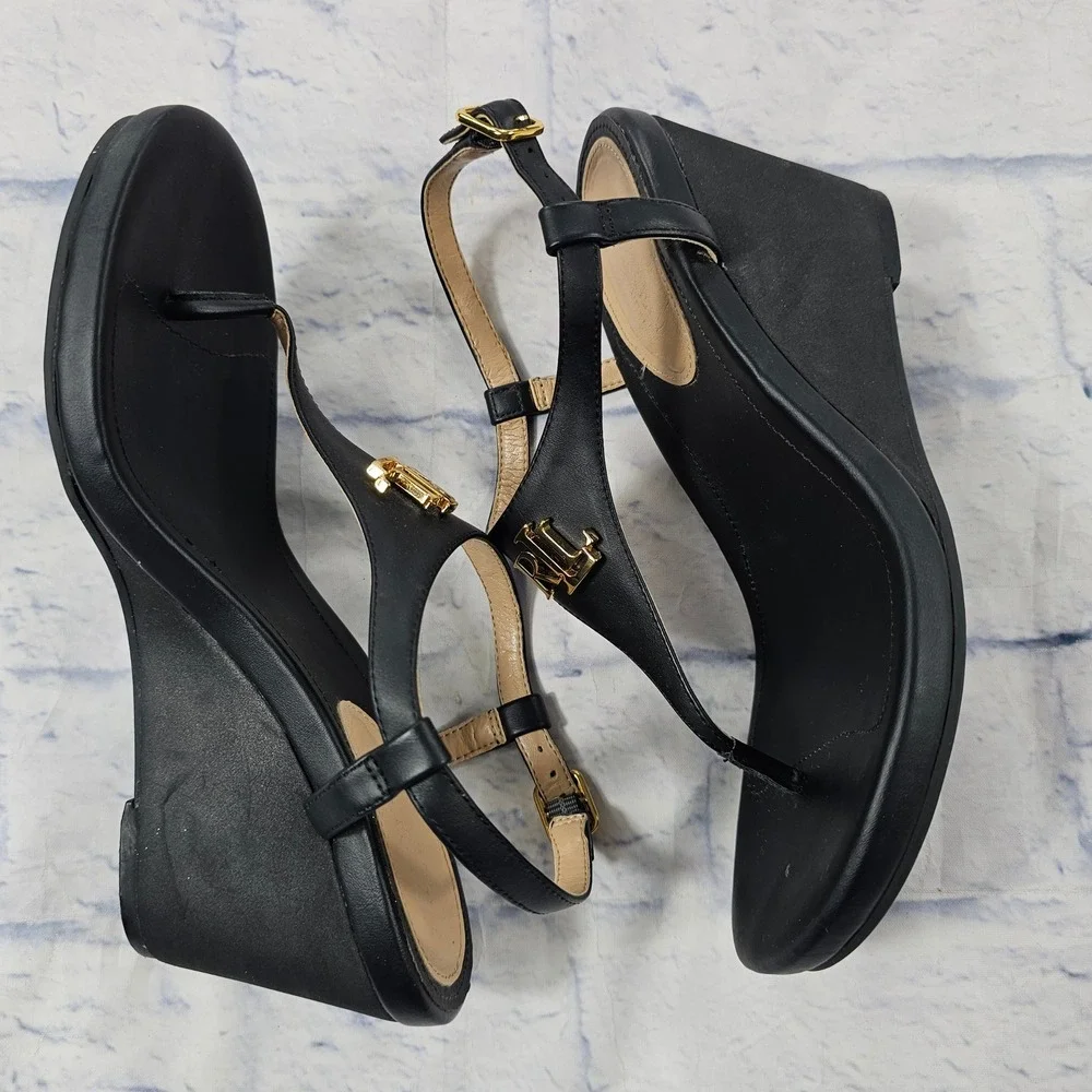 Lauren Ralph Lauren Jeannie Wedge Sandals Women 7 B Black Gold RL Thong Heels